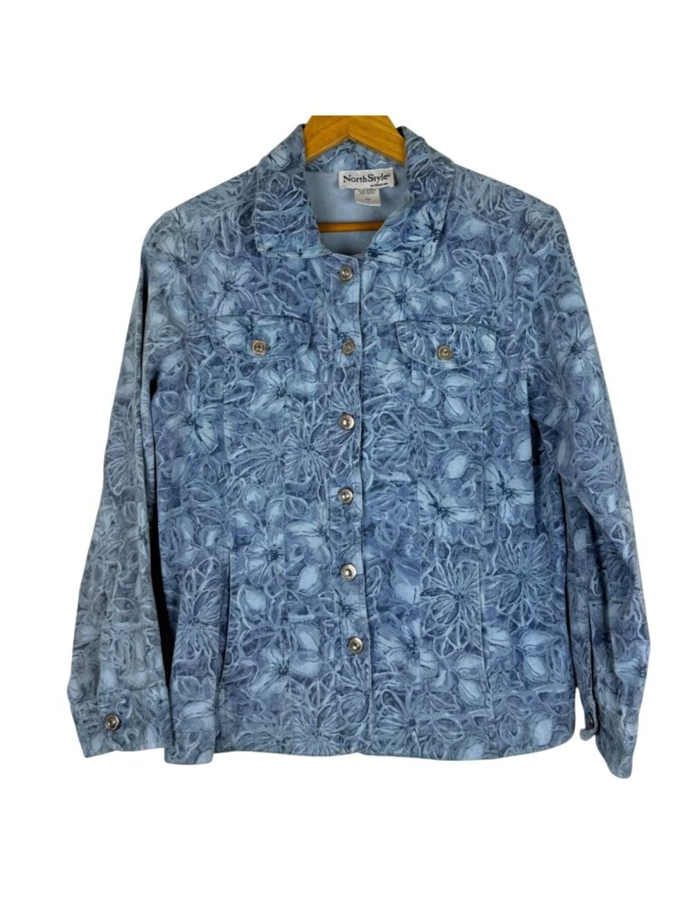NorthStyle Women's Denim Jacket Sz Medium Blue Floral Print Button Front Stretch